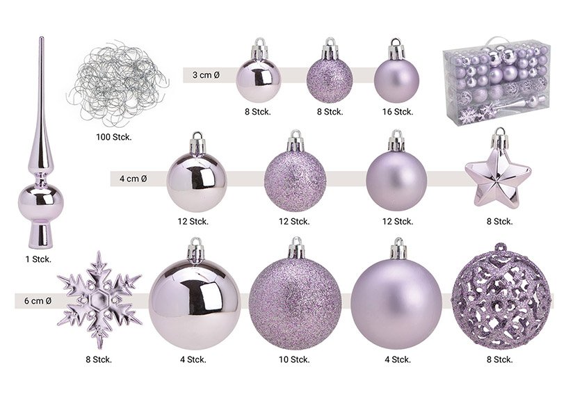 Plastic Christmas ball set lilac, set of 111, (W/H/D) 23x35x12cm Ø3/4/6cm
