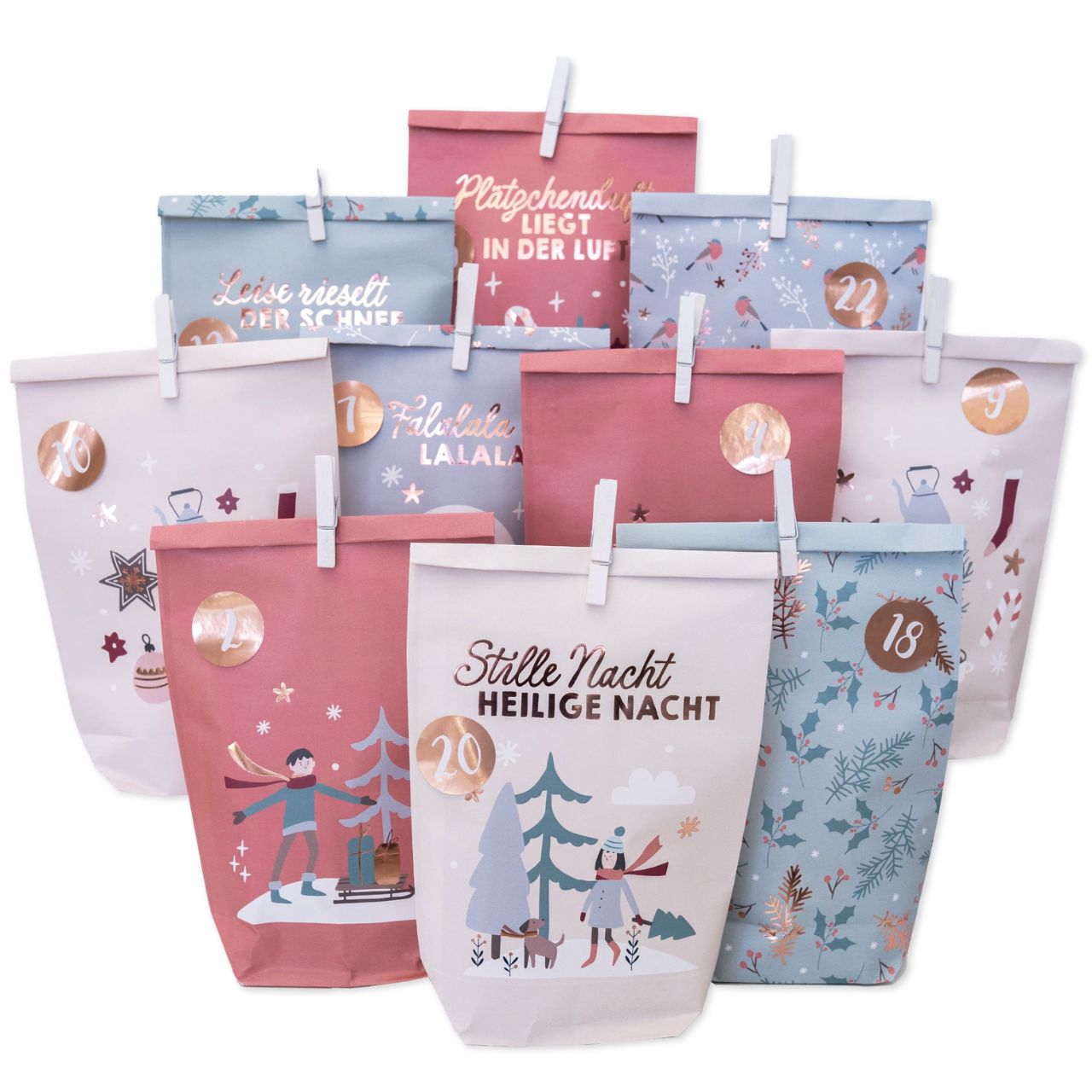 Adventskalender Tüten – Cheerful Christmas aus Papier/Pappe Bunt 24er Set (B/H/T) 21x25x2cm Adventskalender, Weihnachtskalender, Beutel, Säckchen, Advent