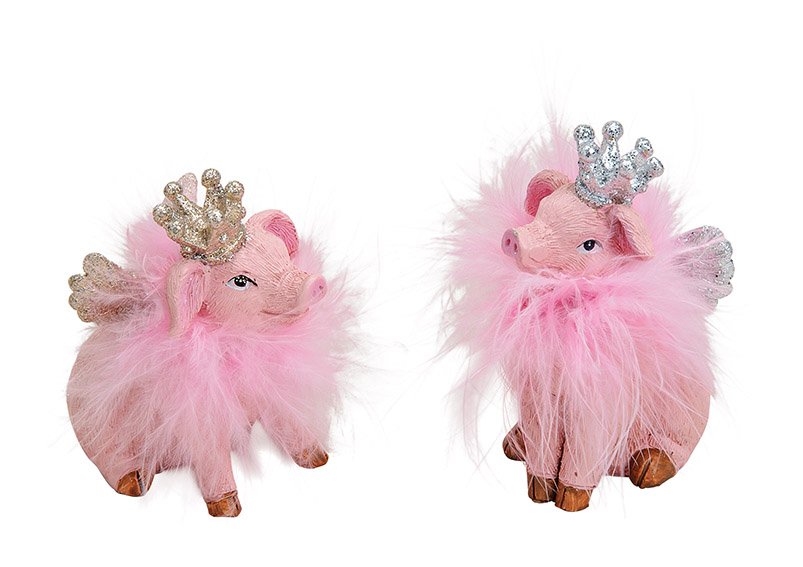 Pig with crown and wings, made of poly, with feather, pink, 2 asst. 4x8x5cm
