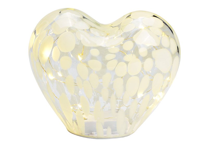 Cœur avec 20 LED avec minuterie 6/18 en verre blanc (L/H/P) 18x15x11cm