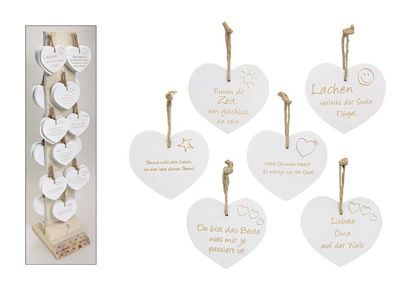 Hanging heart wood with a display, 18 assorted, b18 x t16 x h2 cm