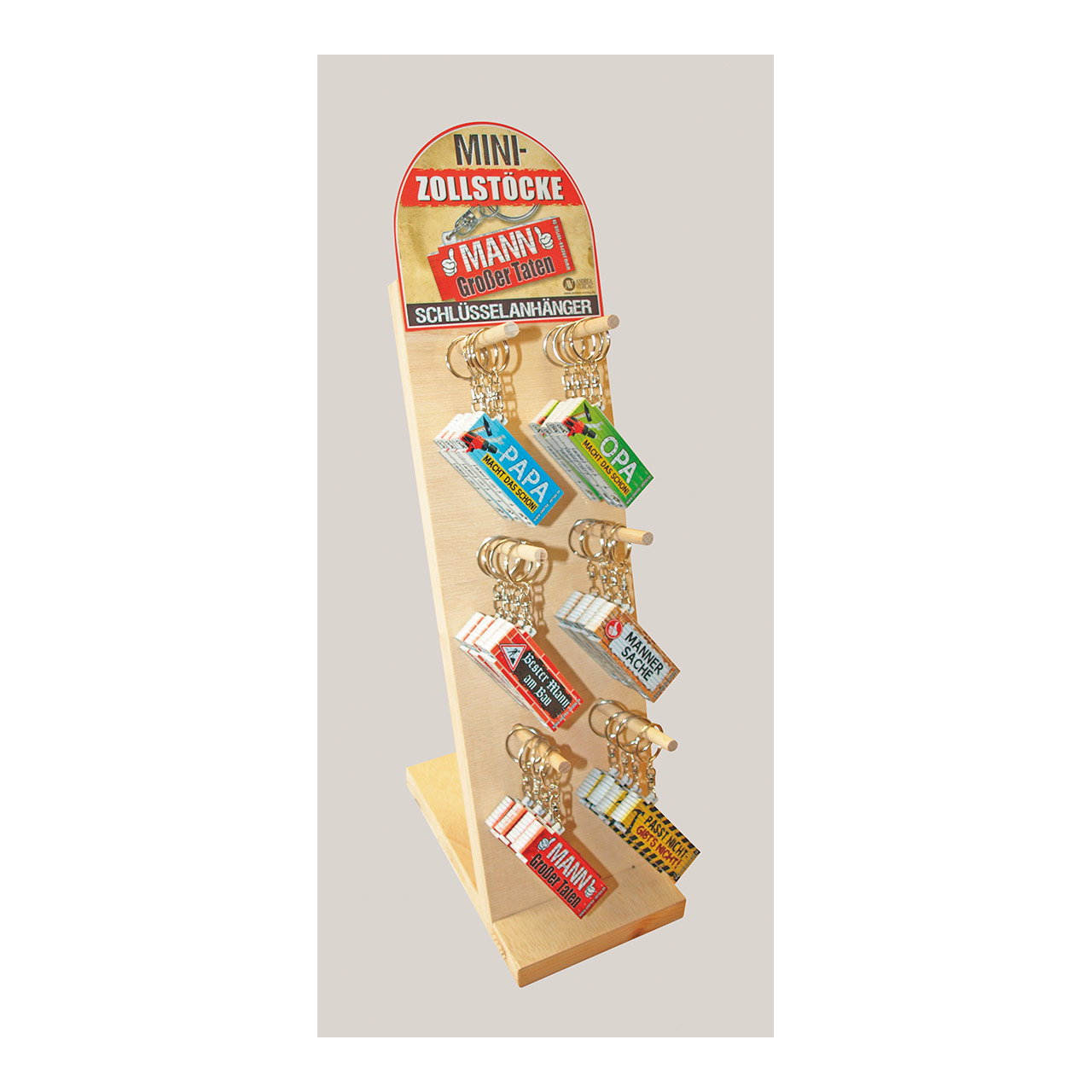 Schlüsselanhänger Zollstock im Display aus Metall/Kunststoff Schlüsselanhänger, Mini-Zollstöcke, Holzständer, Aufhänger, Garderobe