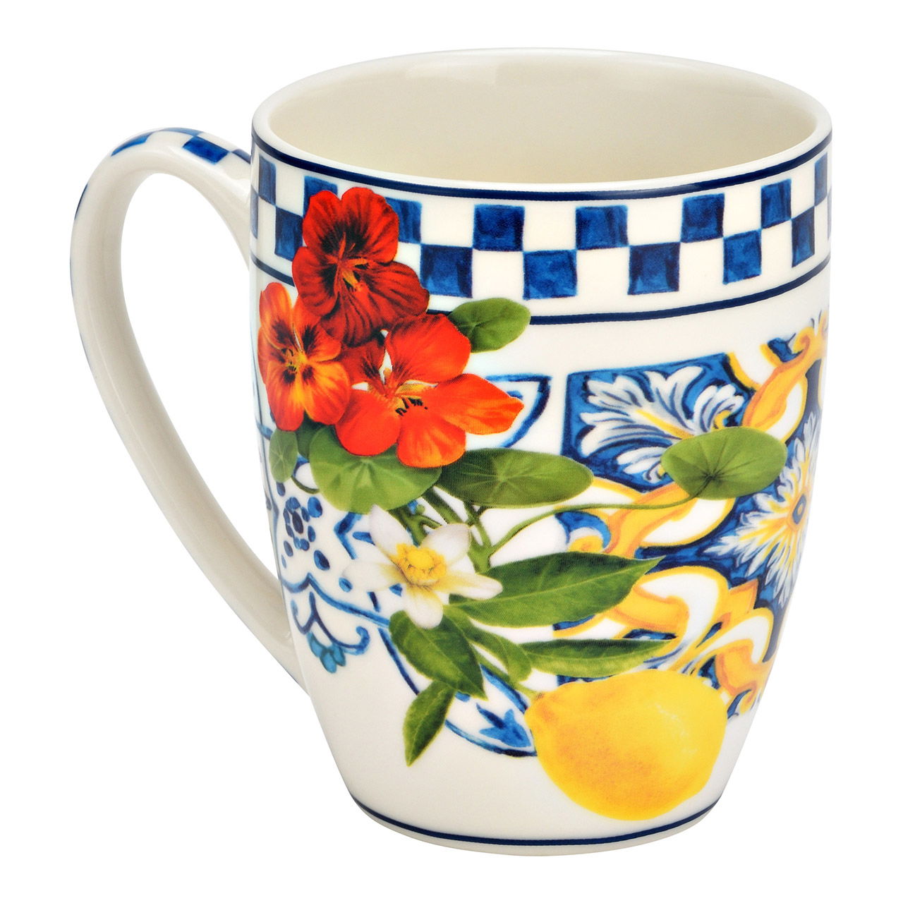 Becher Zitrone Dekor aus Porzellan, Weiß/Blau/Gelb (B/H/T) 12x10x8cm 350ml Becher Zitrone Dekor aus Porzellan, Weiß/Blau/Gelb (B/H/T) 12x10x8cm 350ml