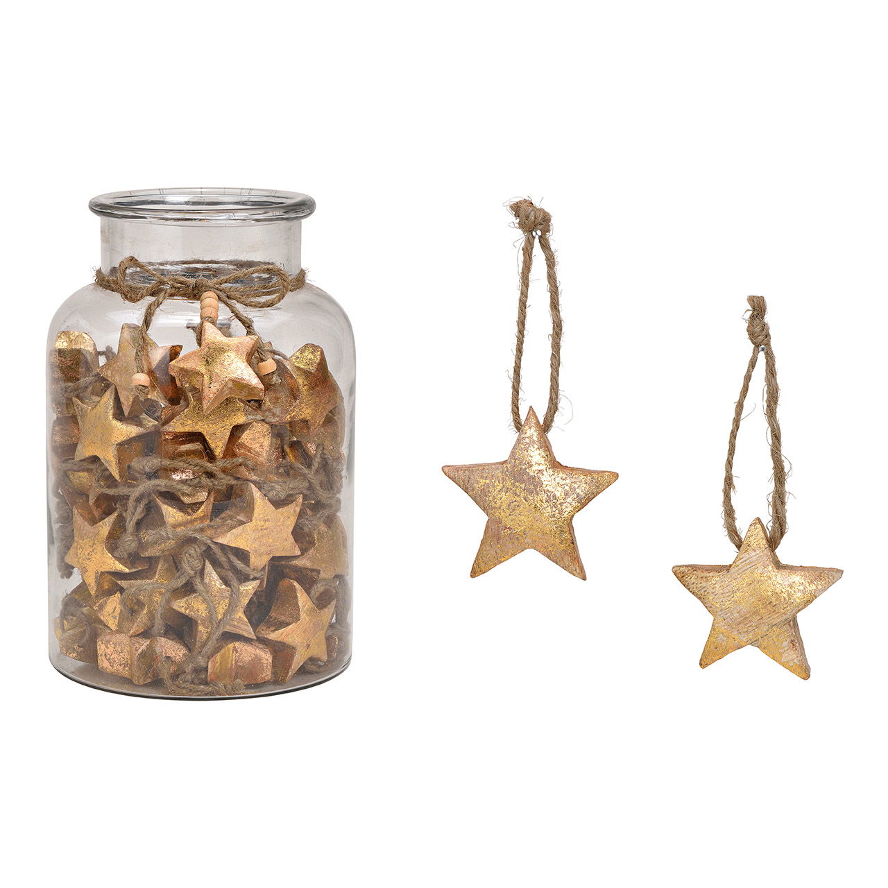 Hanger star made of mango wood gold (W/H/D) 5x5x3cm, 60 pieces in glass 16x26x16cm