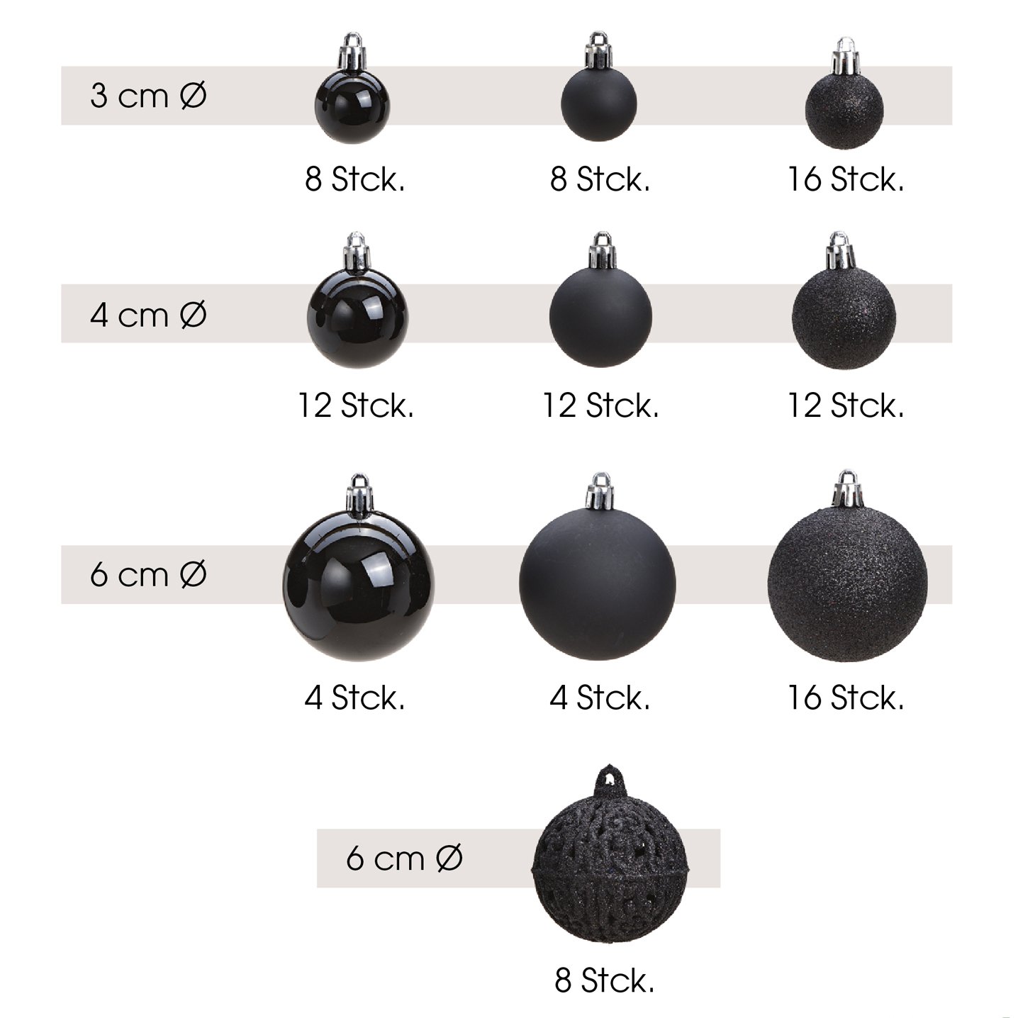 Set de boules de Noël en plastique Noir Set de 100, (L/H/P) 35x23x12cm Ø3/4/6cm