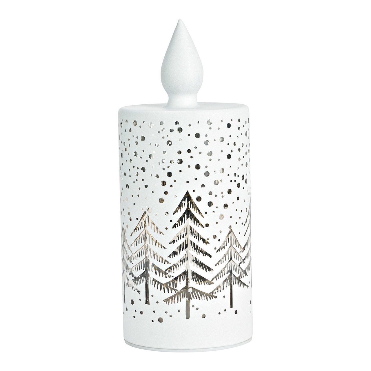 Candela a luce LED per la foresta invernale in vetro, bianca (L/H/D) 8x20x8cm con timer, funzionamento a batteria 3xAA non inclusa Candela a luce LED per la foresta invernale in vetro, bianca (L/H/D) 8x20x8cm con timer, funzionamento a batteria 3xAA non inclusa