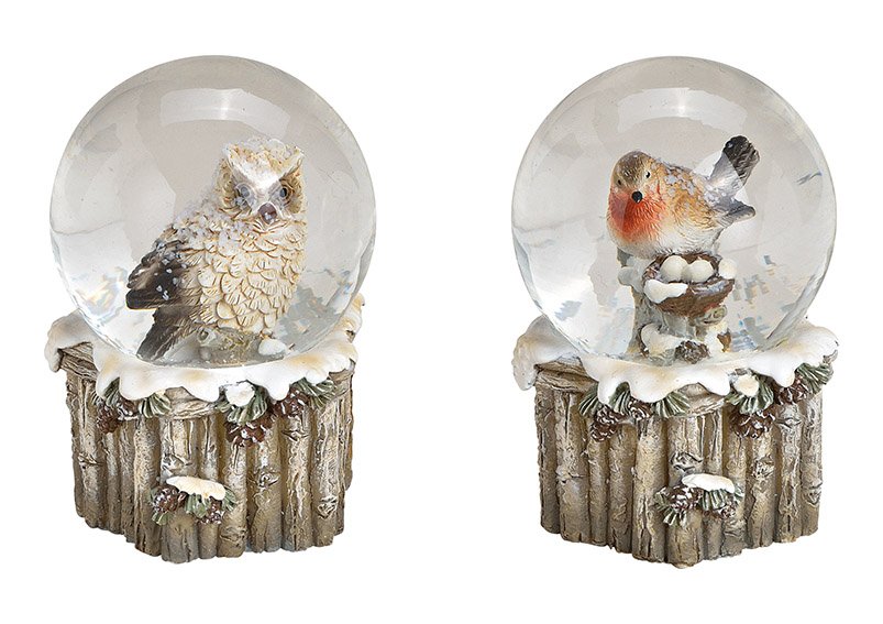 Globo di neve uccello, decorazione gufo in poli, vetro grigio 2 volte, (w/h/d) 5x7x5cm