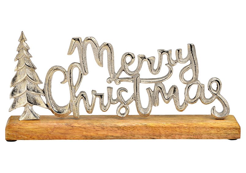 Présentoir écriture, Merry Christmas, sur socle en bois de manguier en métal argenté (L/H/P) 30x15x5cm