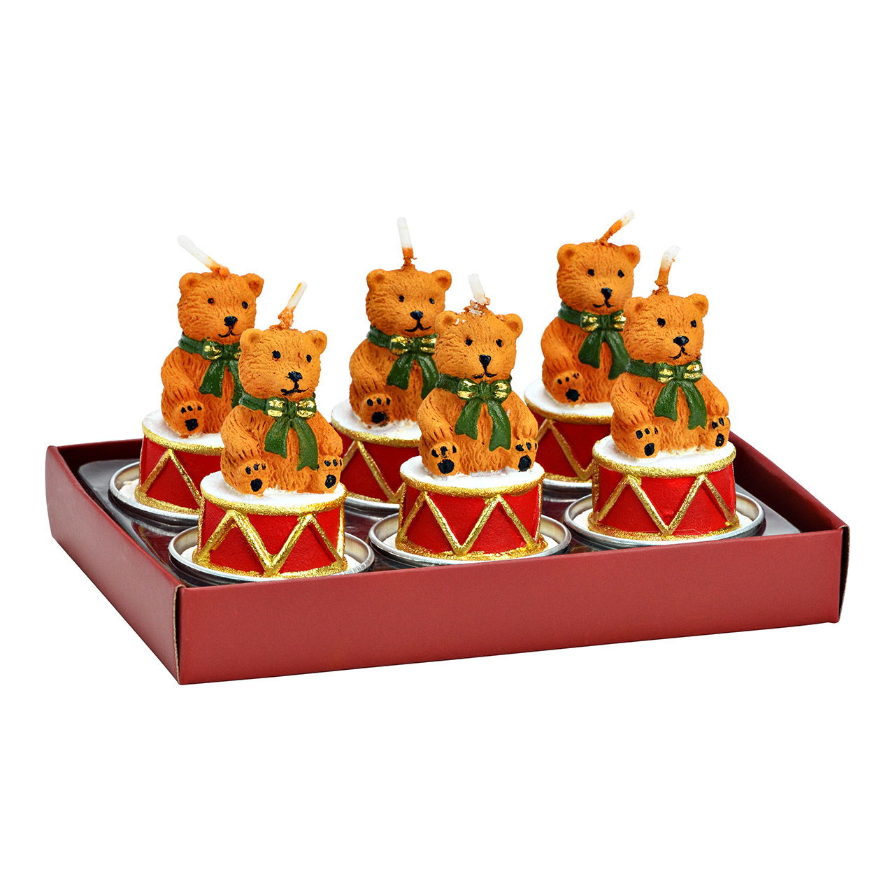 Teelicht-Set Bär auf Trommel 4x6x4cm aus Wachs, 6er Set, Braun (B/H/T) 14x7x9cm Teelicht-Set Bär auf Trommel 4x6x4cm aus Wachs, 6er Set, Braun (B/H/T) 14x7x9cm