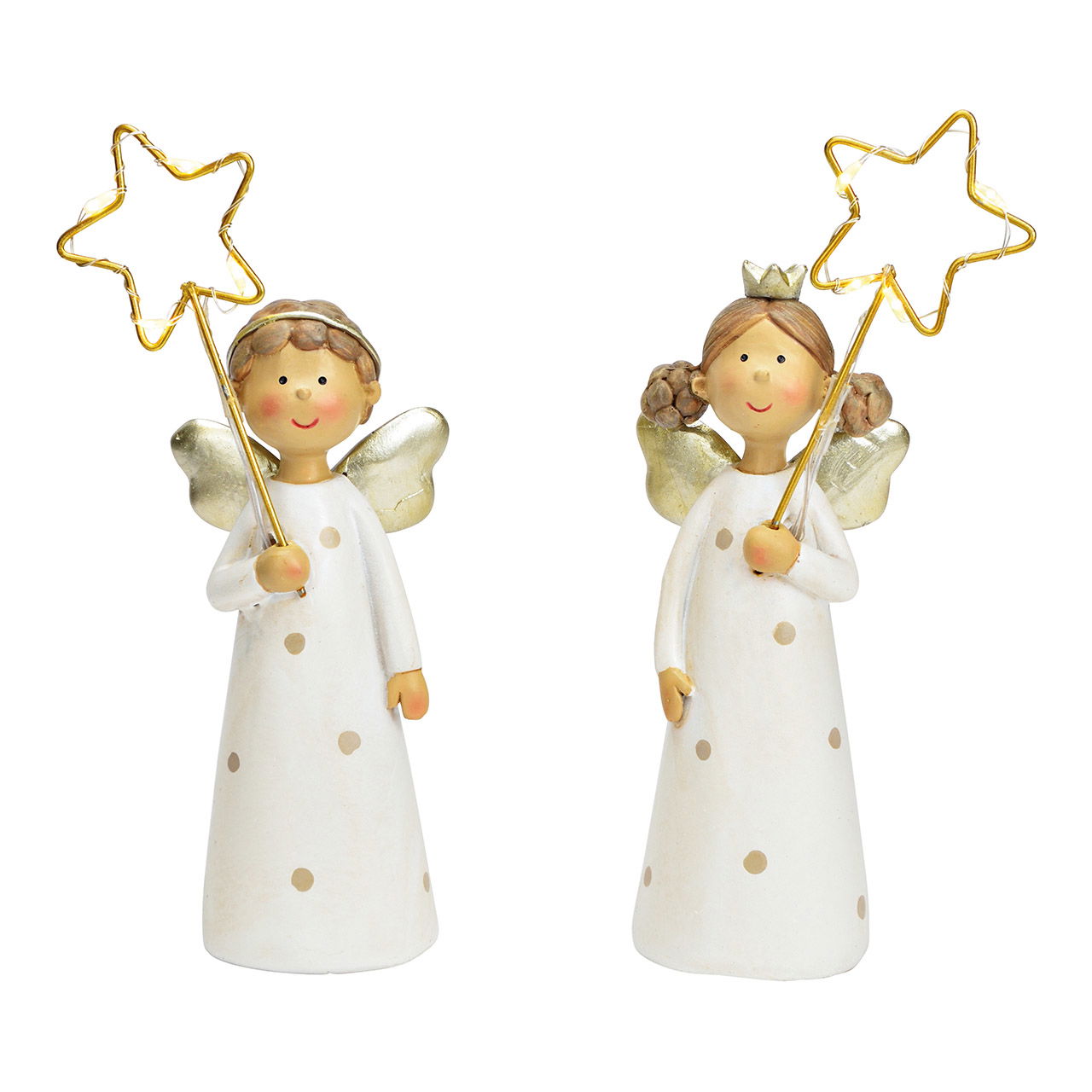 Angelo con stella LED in poli-oro a 2 pieghe, (L/A/D) 6x19x4cm Funzionamento a batteria 2xLR44 non inclusa