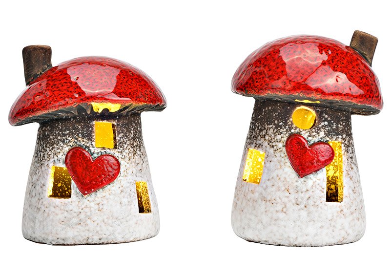 Mushroom with LED ceramic red 2-fold, (W/H/D) 8x11x8cm