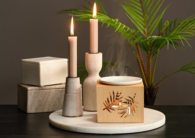 Candle holder, mango wood, white 2-fold, (W/H/D) 6x15x6cm