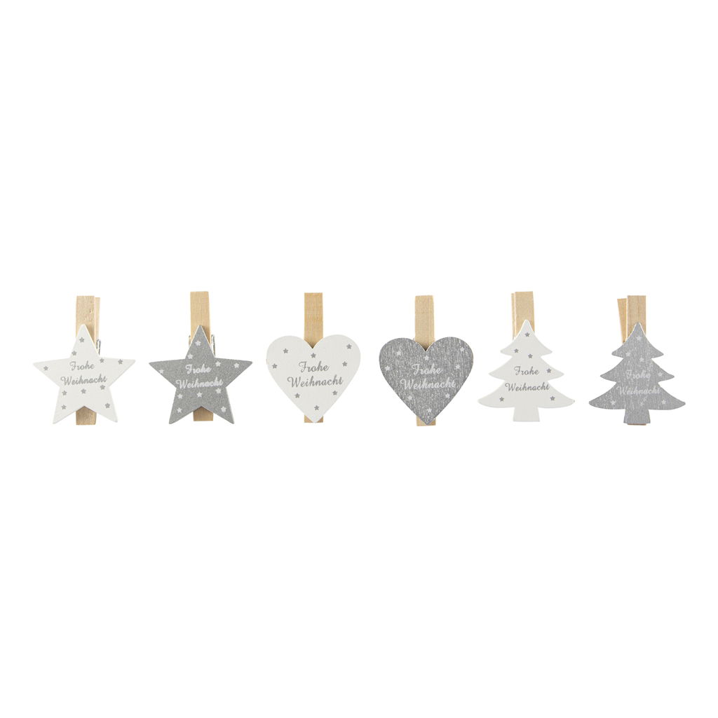 Agrafes décoratives arbre coeur étoile, bois, 15x1.2x12cm, 6 pcs / btl, argent-blanc