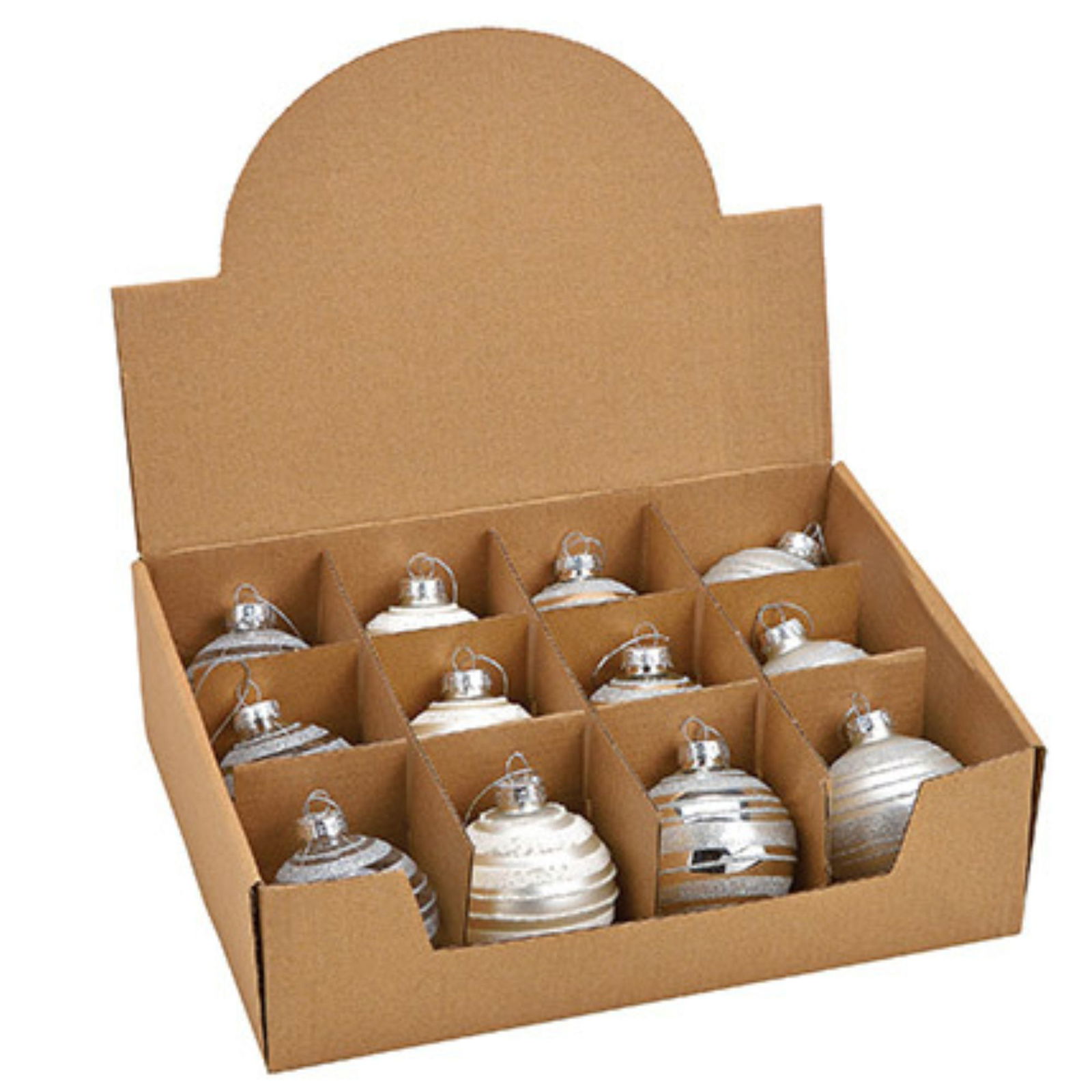 Weihnachtskugel aus Glas, 4-fach, Weiß/Silber Ø6cm Töpferei, Kiste, Karton