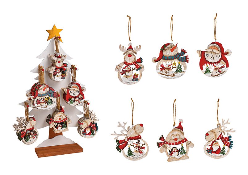 Christmas hanger, santa, moose, snowman, pinguine, on green tree stander, 34x59x13cm wood, 6 asst. (b/h) 10x11cm