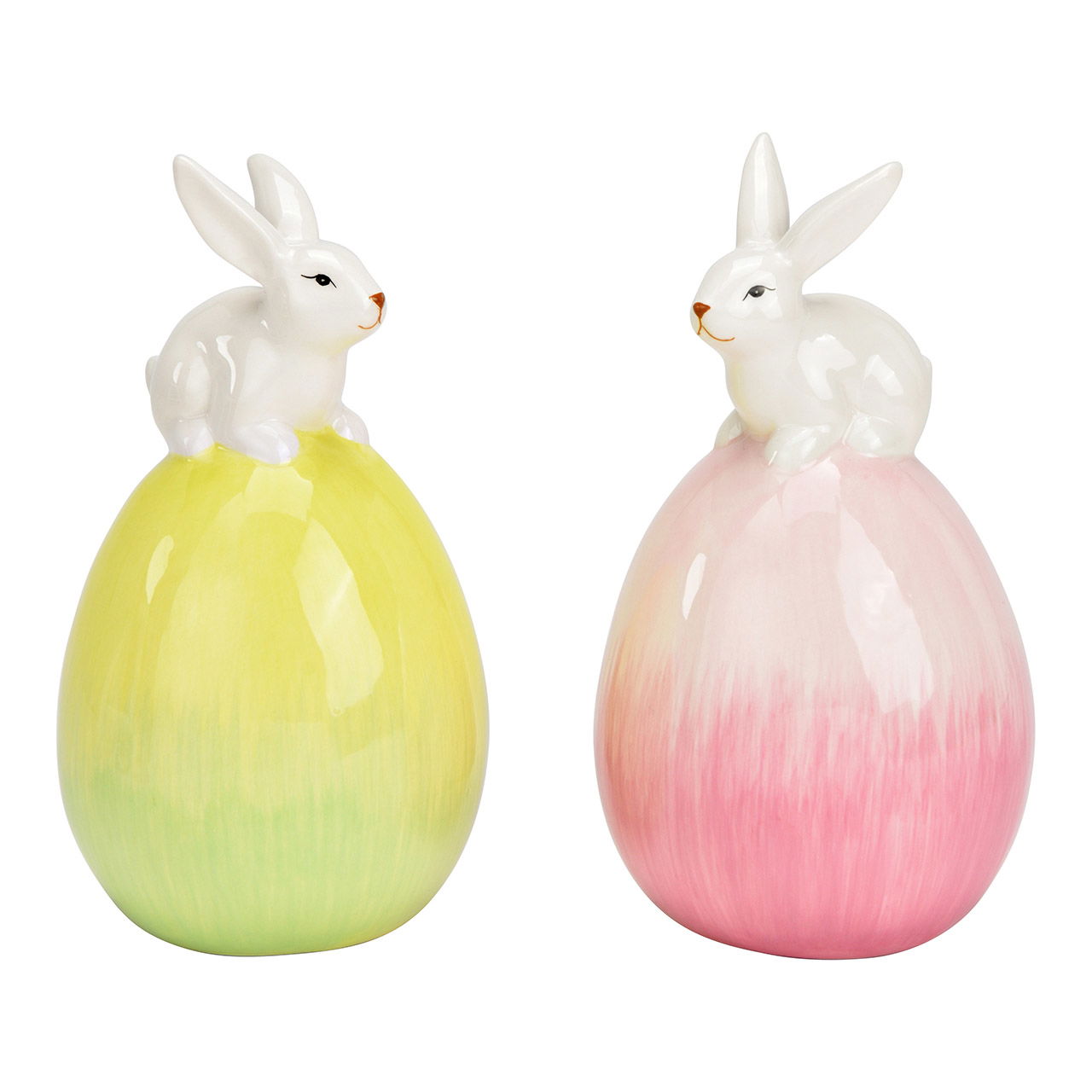 Decorative ceramic egg with rabbit, 2-fold, yellow/pink/white (W/H/D) 9x16x9cm Decorative ceramic egg with rabbit, 2-fold, yellow/pink/white (W/H/D) 9x16x9cm