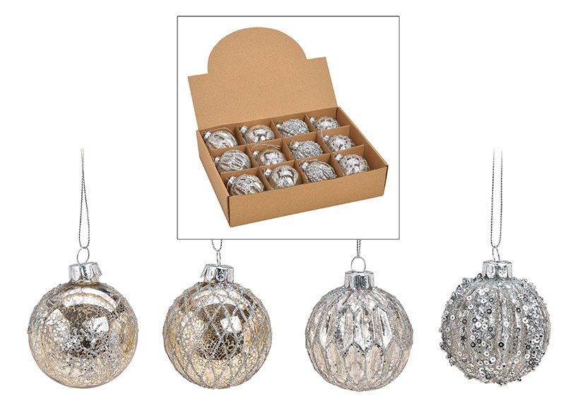 Christmasball with glitter, made of glass, 4 assorted, silver, (w/h/d) 6x6x6cm