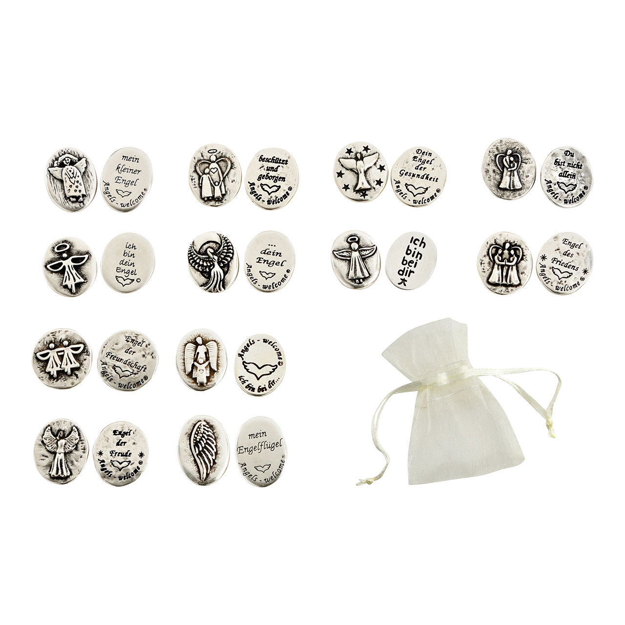 Engelenmuntjes in metalen etagedisplay, 12-voudig, zilver (B/H) 2x3cm Engelenmuntjes in metalen etagedisplay, 12-voudig, zilver (B/H) 2x3cm