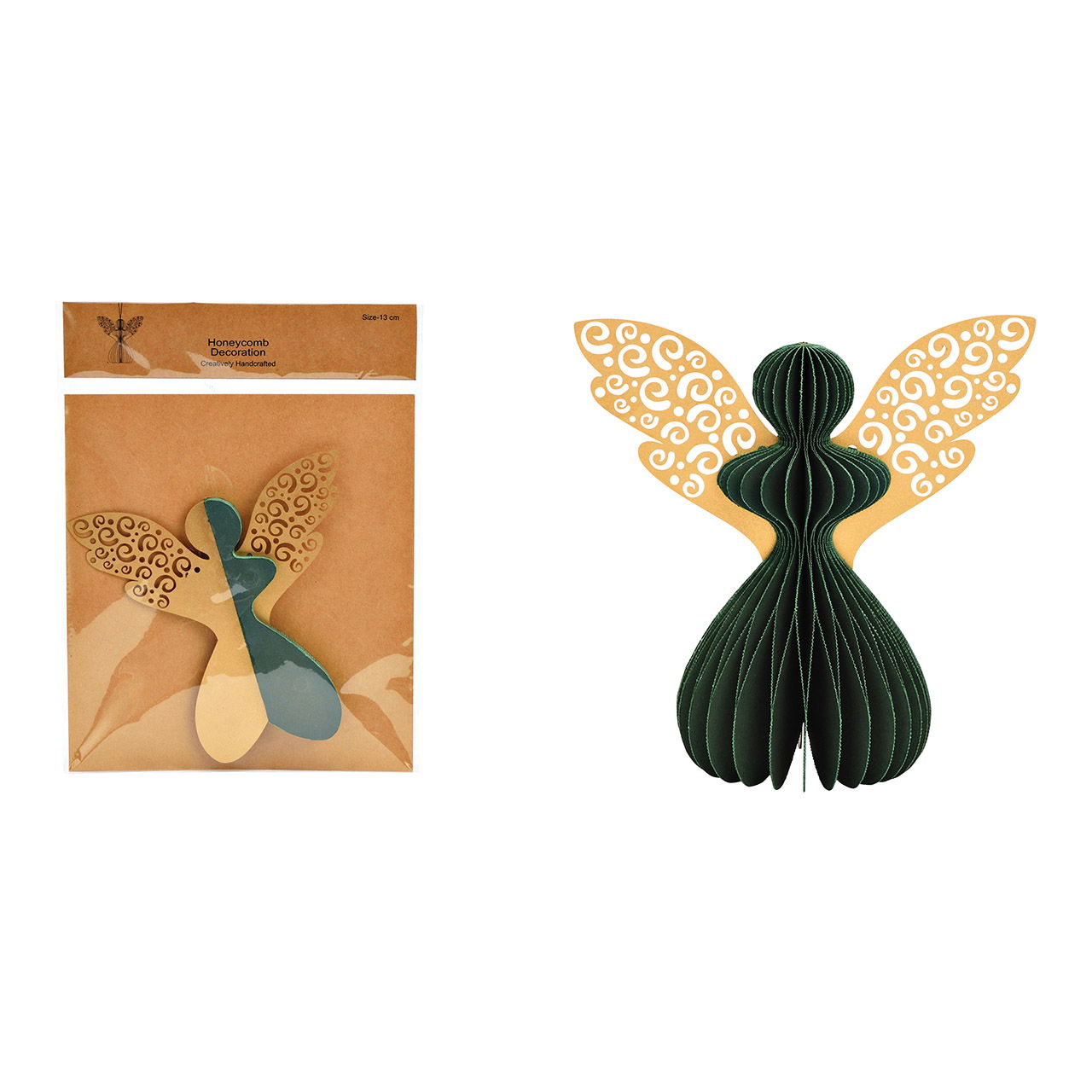 Christmas hanger Honeycomb angel made of paper/cardboard, green (W/H/D) 14x14x8cm Christmas hanger Honeycomb angel made of paper/cardboard, green (W/H/D) 14x14x8cm