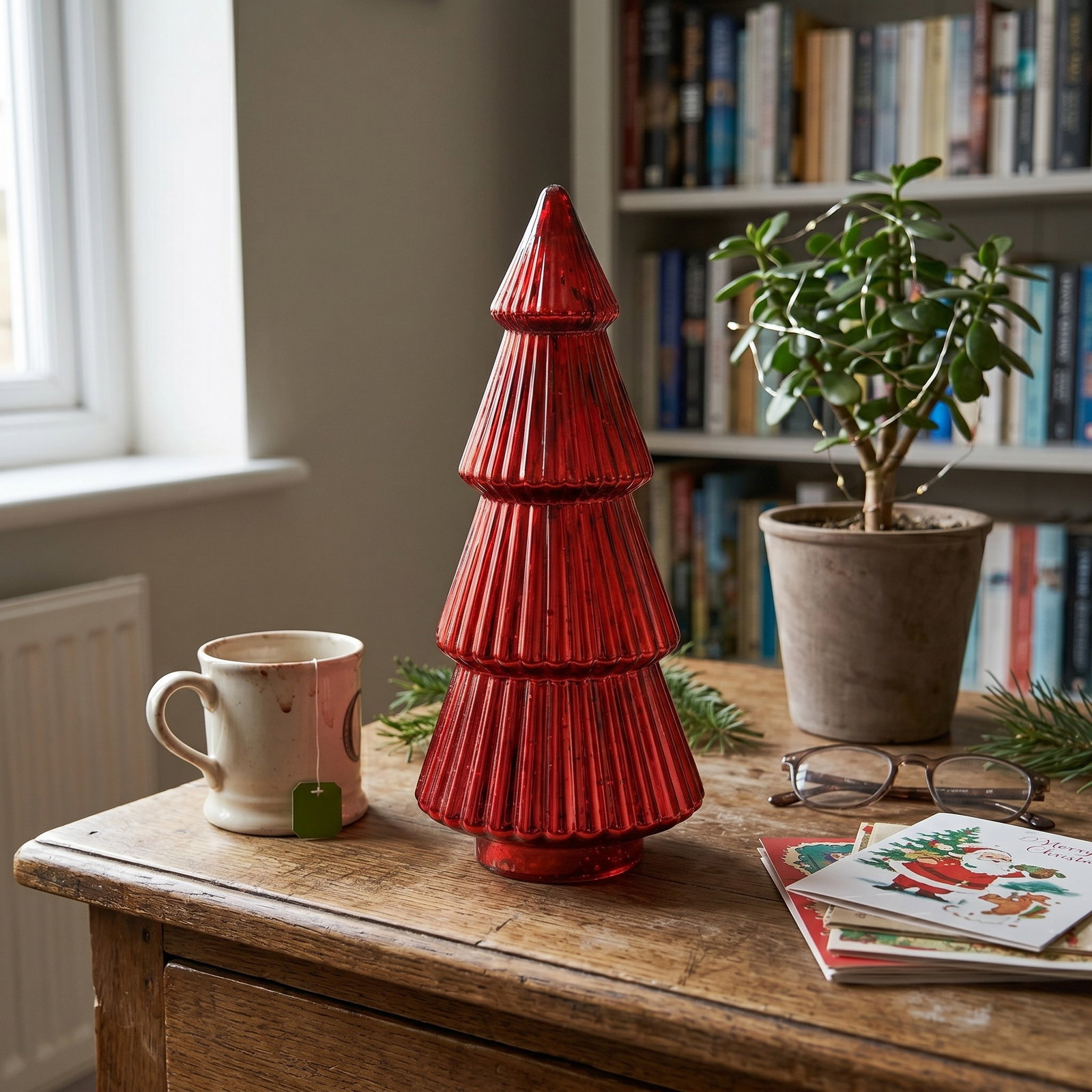 weihnachtsdekoration, glasbaum, rot, tischdekoration, keramischer deko-baum