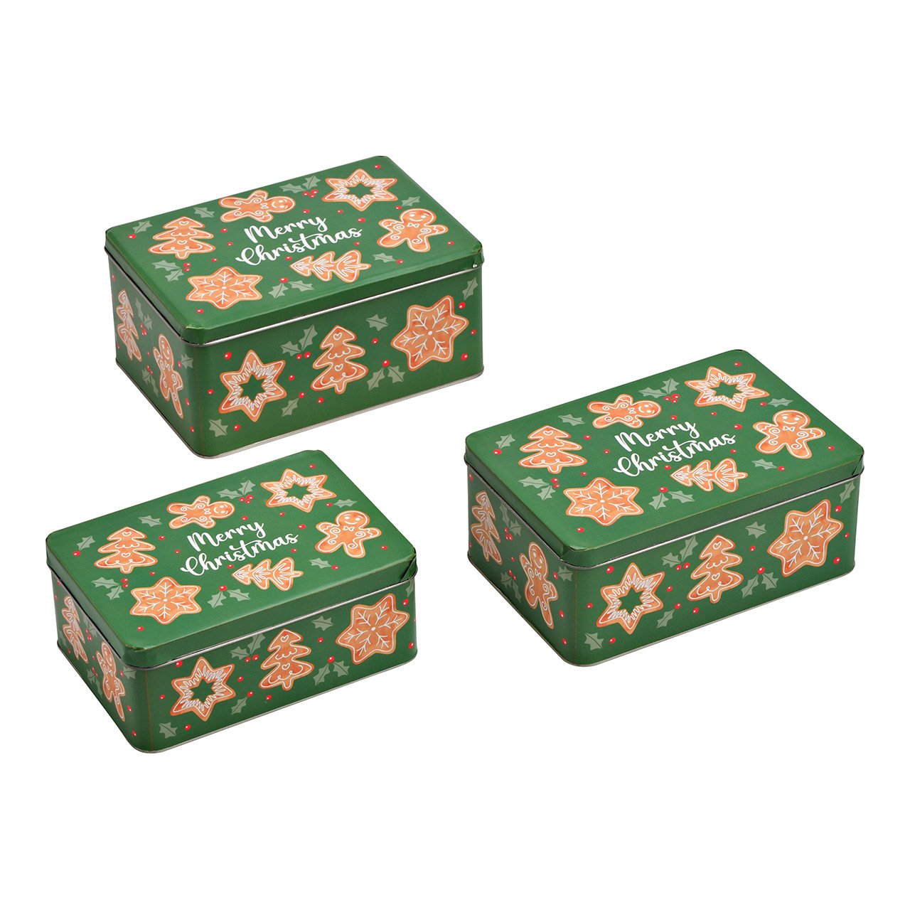 Set of 3 square gingerbread tins, Merry Christmas, made of green metal (W/H/D) 21x15x9cm, 19x13x8cm 17x12x7cm