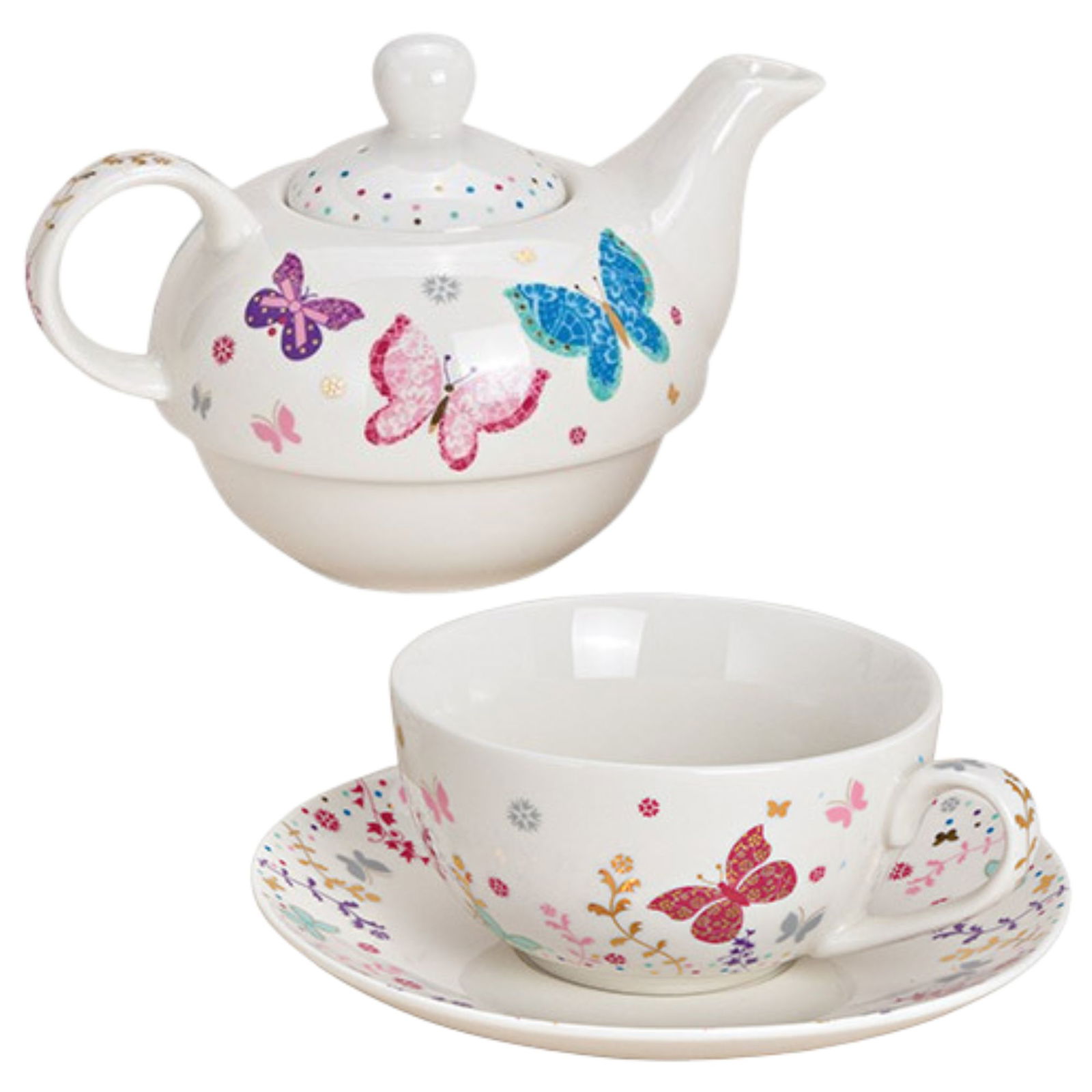 Teekannen-Set Schmetterling aus Porzellan Weiß 3er Set, (B/H/T) 17x15x17cm 400/300ml Töpferei, Kochgeschirr, Topf, Teekanne, Porzellan