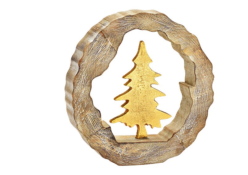 Aufsteller Tannenbaum in Mangoholz Kreis aus Metall Gold (B/H/T) 28x29x5cm