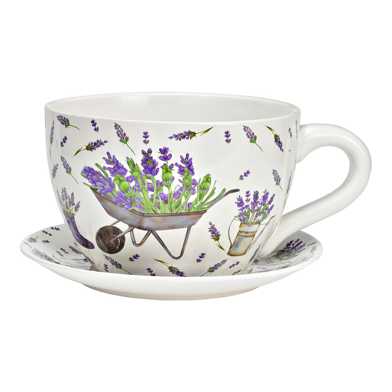 Pflanztasse Lavendel Dekor aus Keramik, Lila/Weiß (B/H/T 34x16x28cm Untertasse, Tasse