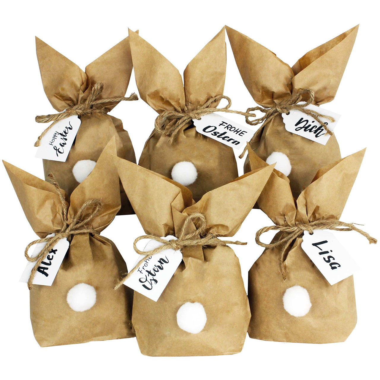 Paashaas zakjes met ponpom DIY papier/karton knutselset, set van 12, bruin/wit (B/H/D) 22x14x1cm Tasche
