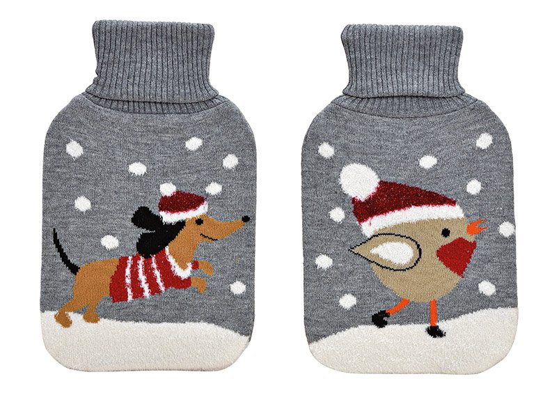Warmingbottle christmasdog/bird with knit 2l plastic grey 2-ass, 20x33x3cm