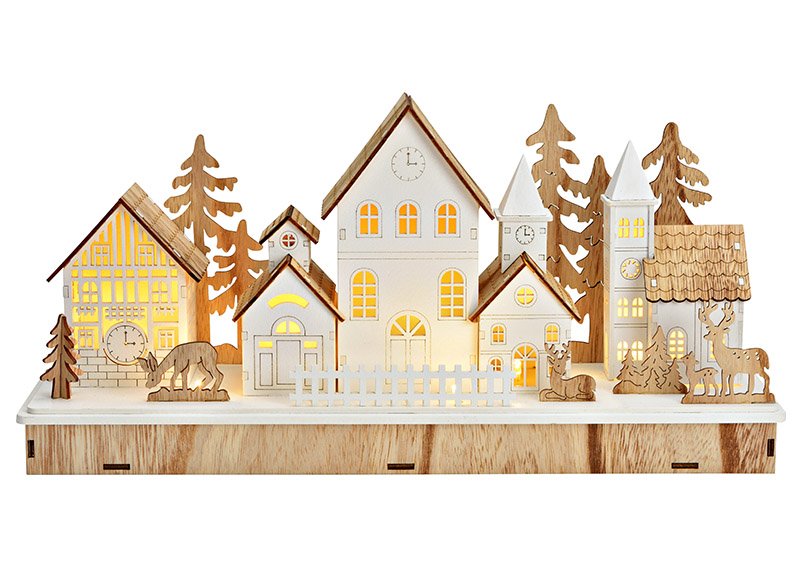 Scena invernale con LED in legno di tiglio bianco (L/H/D) 44x21x13cm