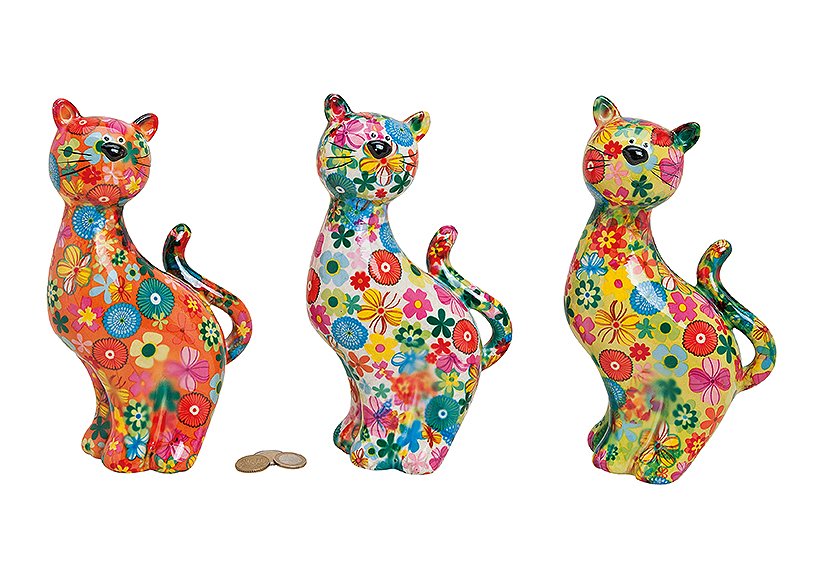 Spardose Katze Blume aus Keramik, 3-fach sortiert, B15 x T10 x H26 cm