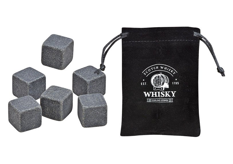 Whisky Stein Set, Eiswürfel aus Basalt Stein 2x2x2cm Grau 6er Set, in Holzbox (B/H/T) 10x6x3cm