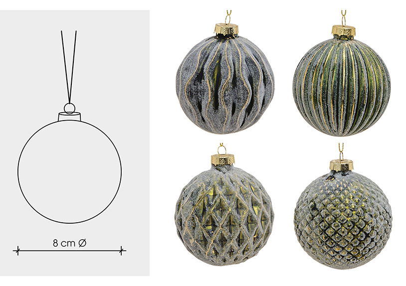 Weihnachtskugel aus Glas, 4-fach, Grün/Gold Ø8cm Zubehor, Ornament