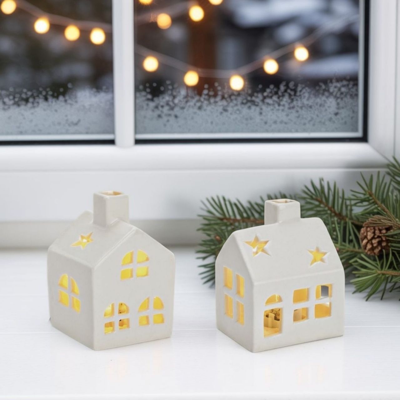 Casita de luz LED de porcelana, 2 pliegues, blanca (ancho/alto) 5x8x5 cm Weihnachten, Weihnachtsdekorationen, Festival