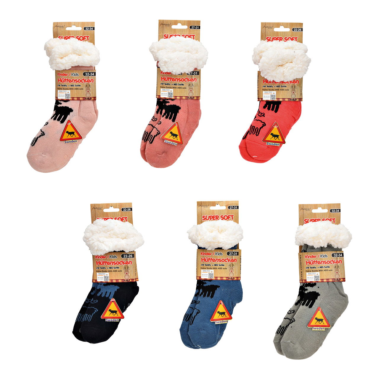 Kinder Hüttensocken, Teddy mit ABS 100% Acrylic, 22-26, 24-31, 32-34 Bunt 6-fach