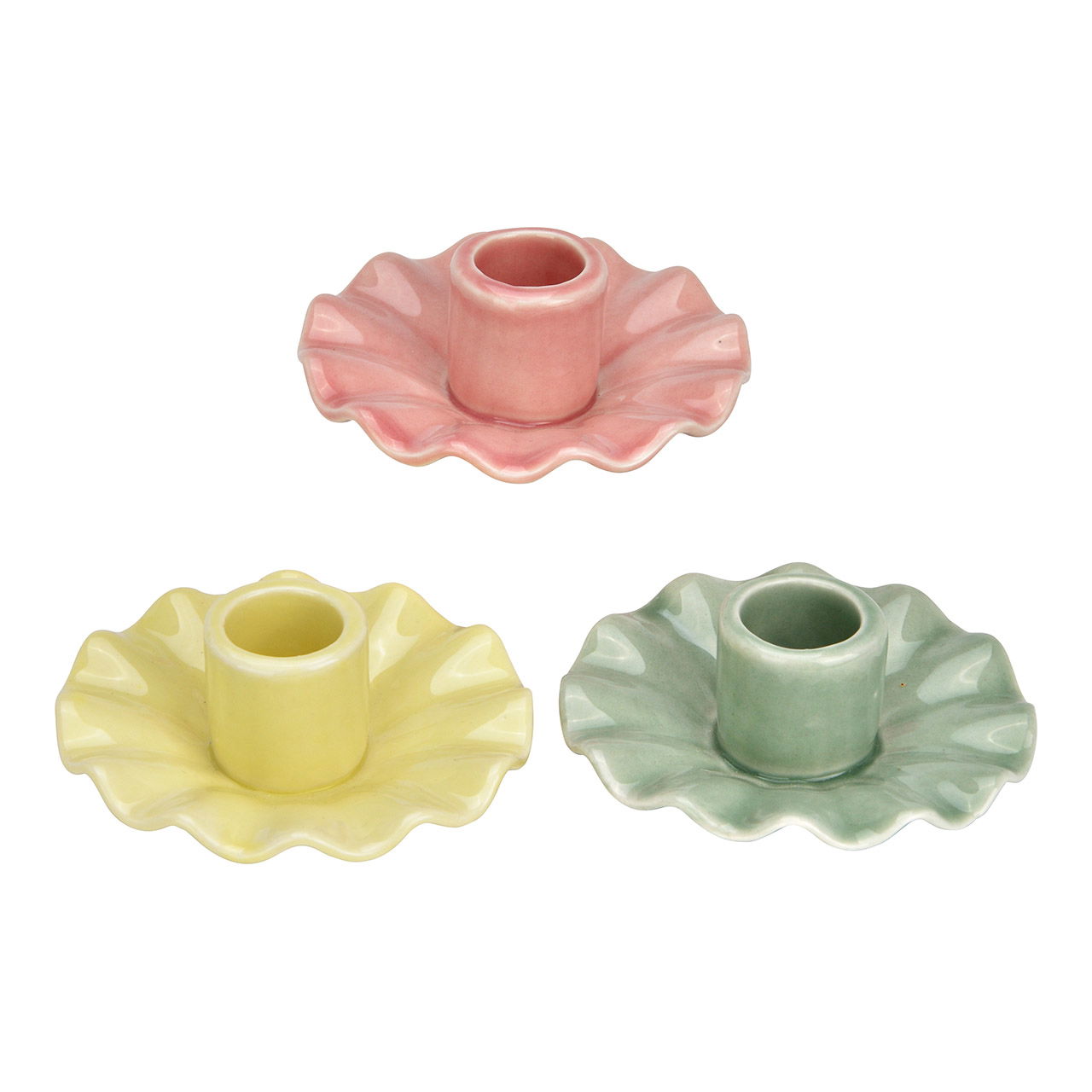 Porseleinen kandelaar, drievoudig, geel/roze/groen (B/H/D) 9x4x9cm Untertasse, Teller, Töpferei