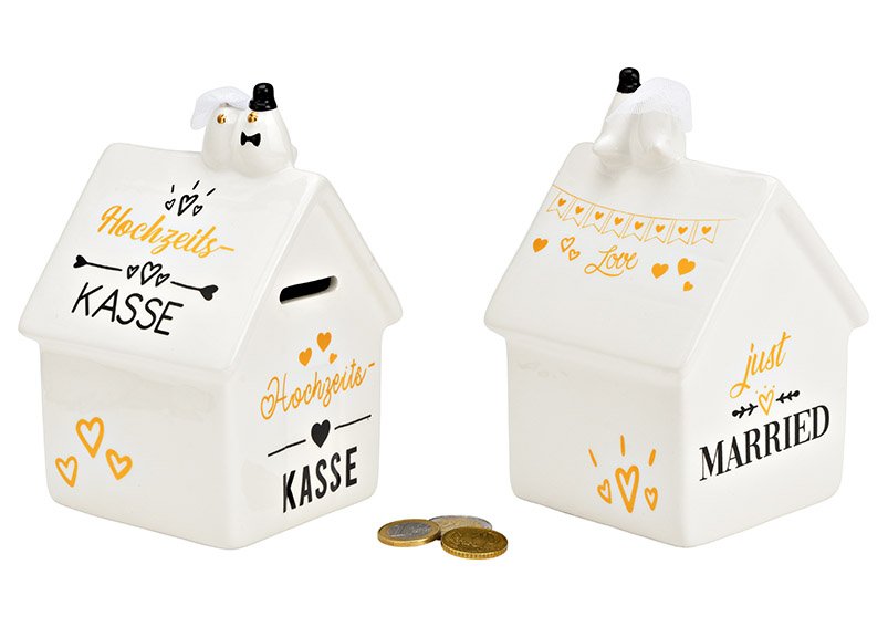 Spardose Haus, Hochzeits-Kasse Just Married, aus Keramik weiß (B/H/T) 11x16x10cm