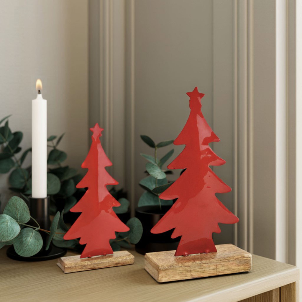 Soporte para árbol de Navidad sobre base de madera de mango de metal rojo (A/A/P) 10x20x5cm Kerze, Pflanze, Kerzenständer