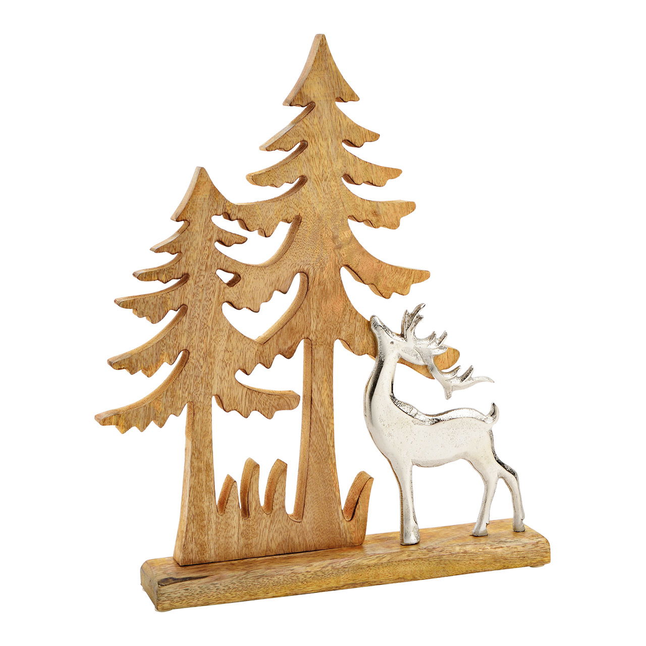 Présentoir sapin avec décor cerf en métal, en bois de manguier naturel (L/H/P) 33x40x6cm