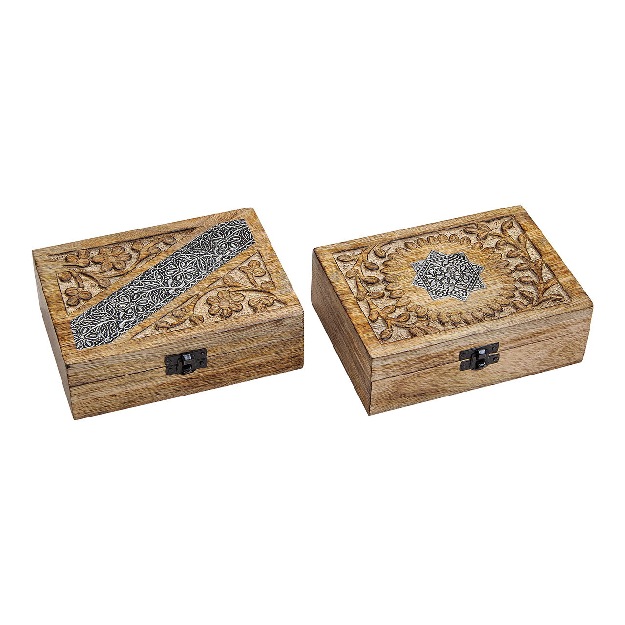 Houten sieradendoos India 2-voudig, (B/H/D) 17x6x13cm Holzbox, Schmuckdose, Holzgravur, Blumenmuster, Truhe mit Muster