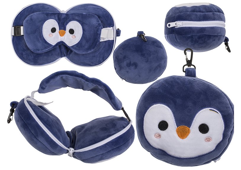 Cuscino da viaggio in peluche per bambini con maschera per gli occhi Pinguino in tessuto grigio (L/H/D) 14x14x10cm