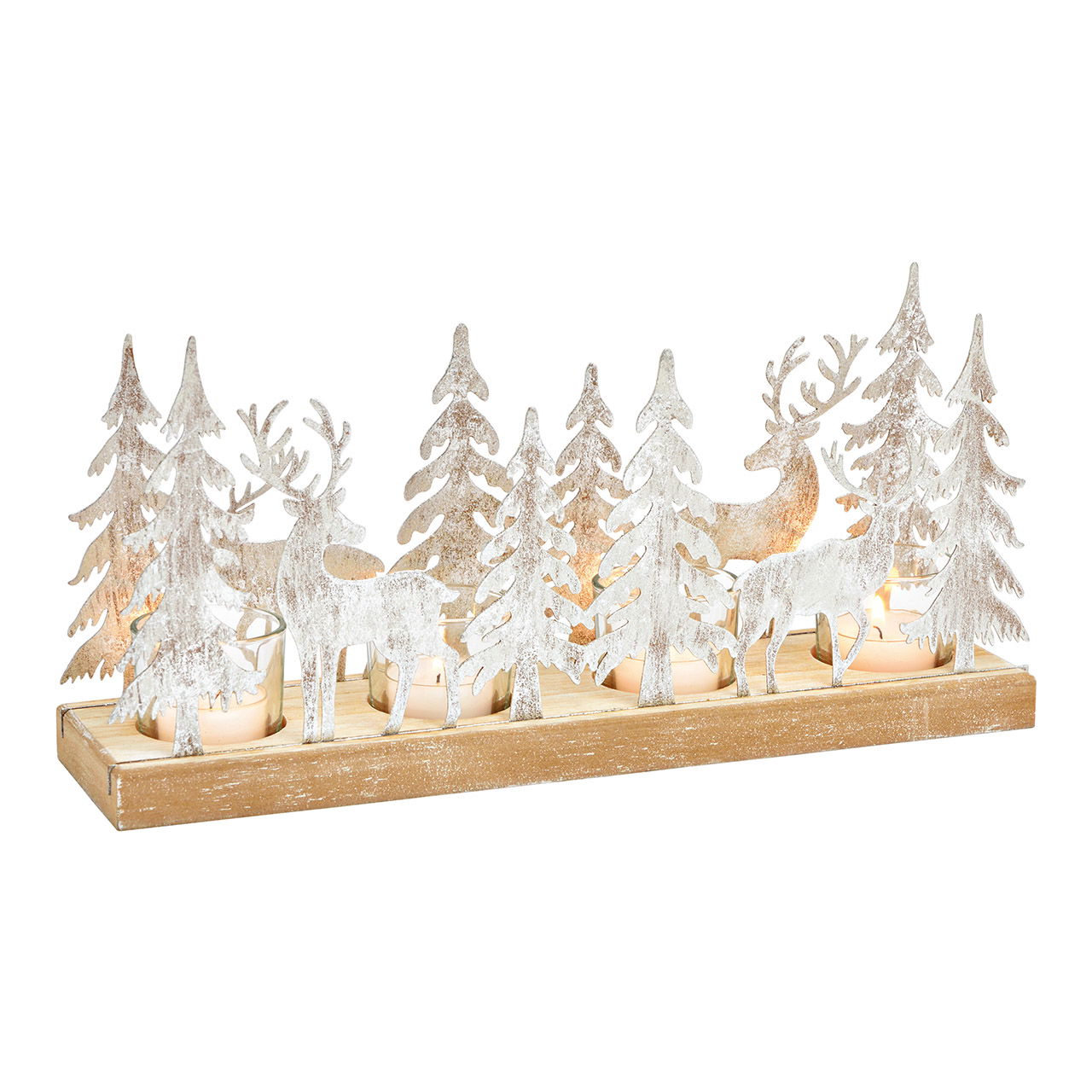 Arrangement de l'Avent en bois/métal/verre, décor forêt d'hiver cerf, argent (L/H/P) 33x16x9cm