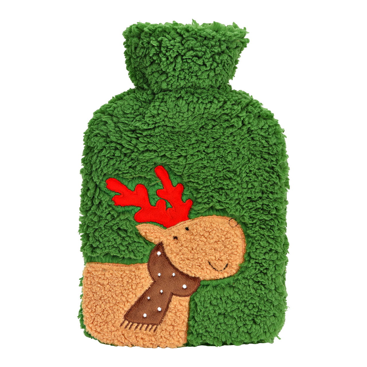 Bottiglia dell'acqua calda con decoro alce e copertura in peluche da 1,7L in plastica, verde (L/H/D) 21x33x5cm