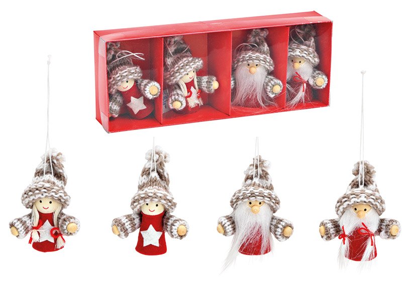 Christmas hanger set gnome, winter child 5x8x3cm, made of wood, textile gray, red set of 4, (W/H/D) 18x3x8cm