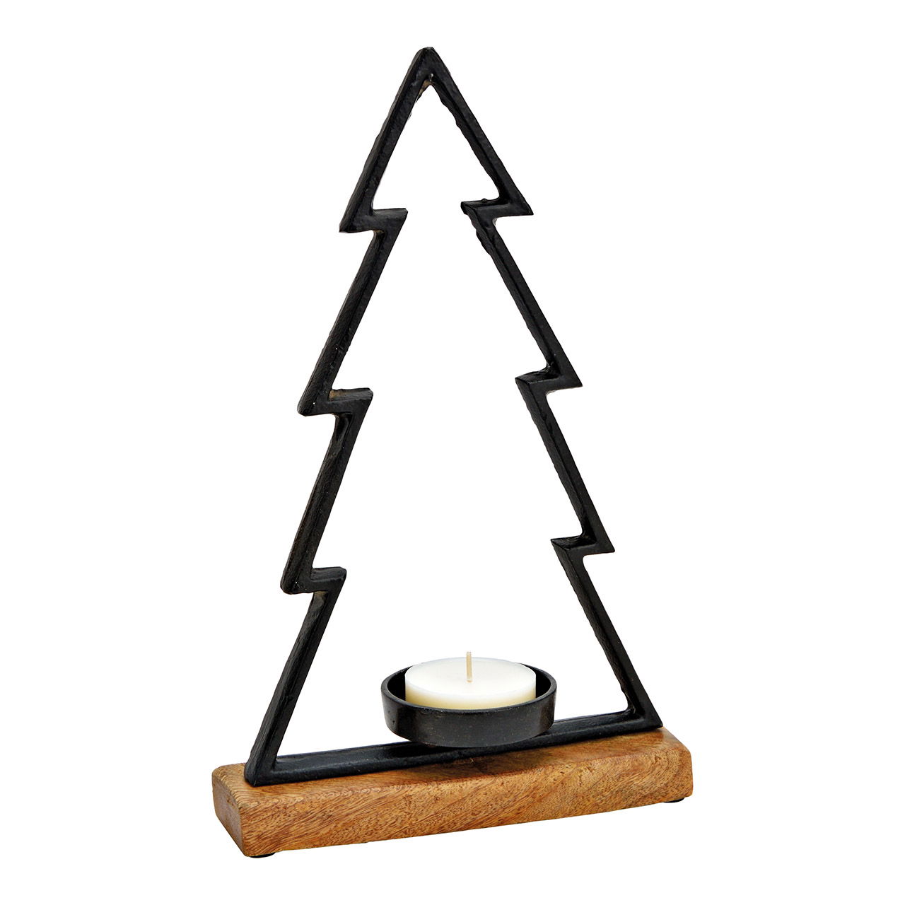 Kerzenhalter Tannenbaum, auf Mangoholz aus Metall Schwarz (B/H/T) 20x33x5cm