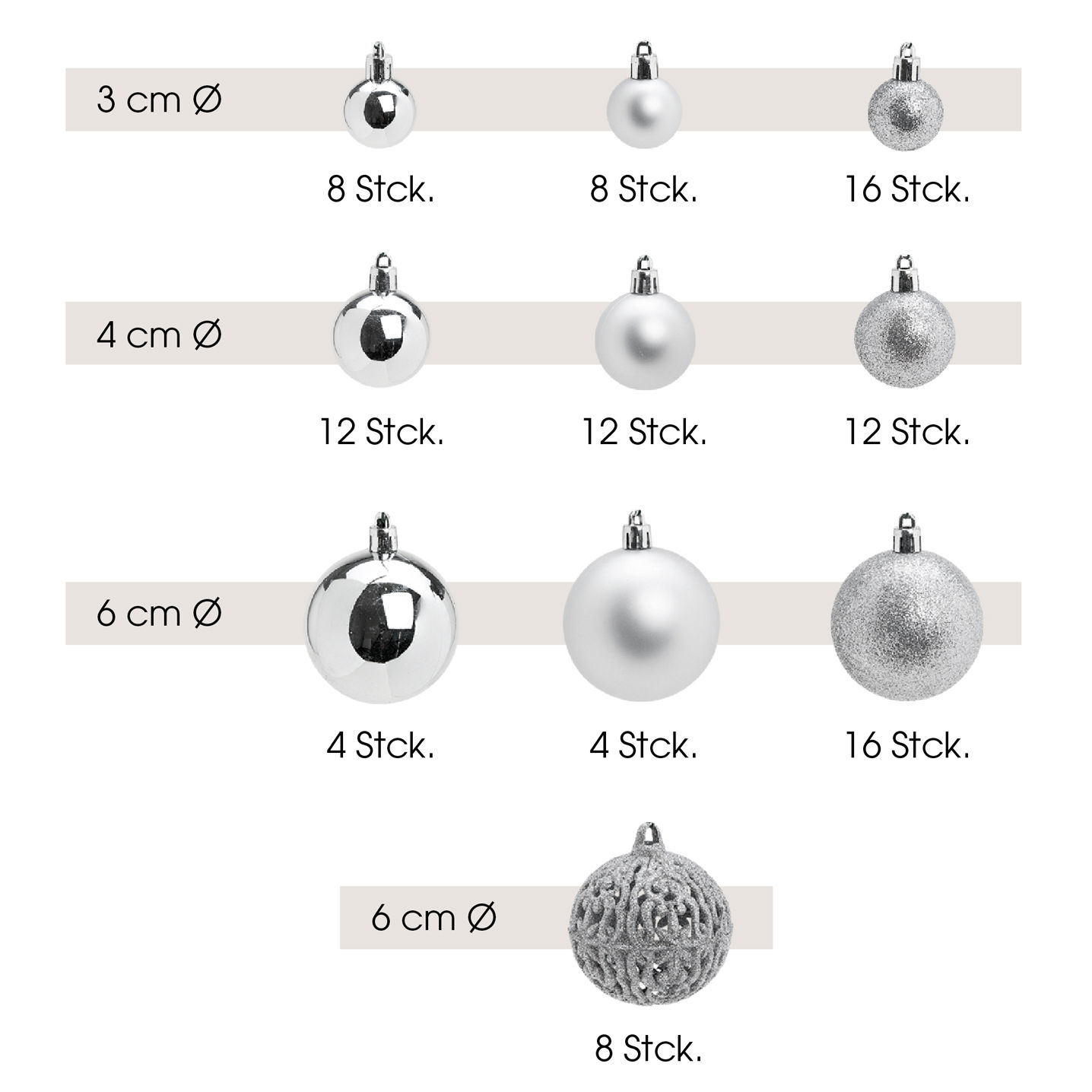 Plastic Christmas baubles, set of 100, silver Ø3/4/6cm (W/H/D) 23x35x12cm