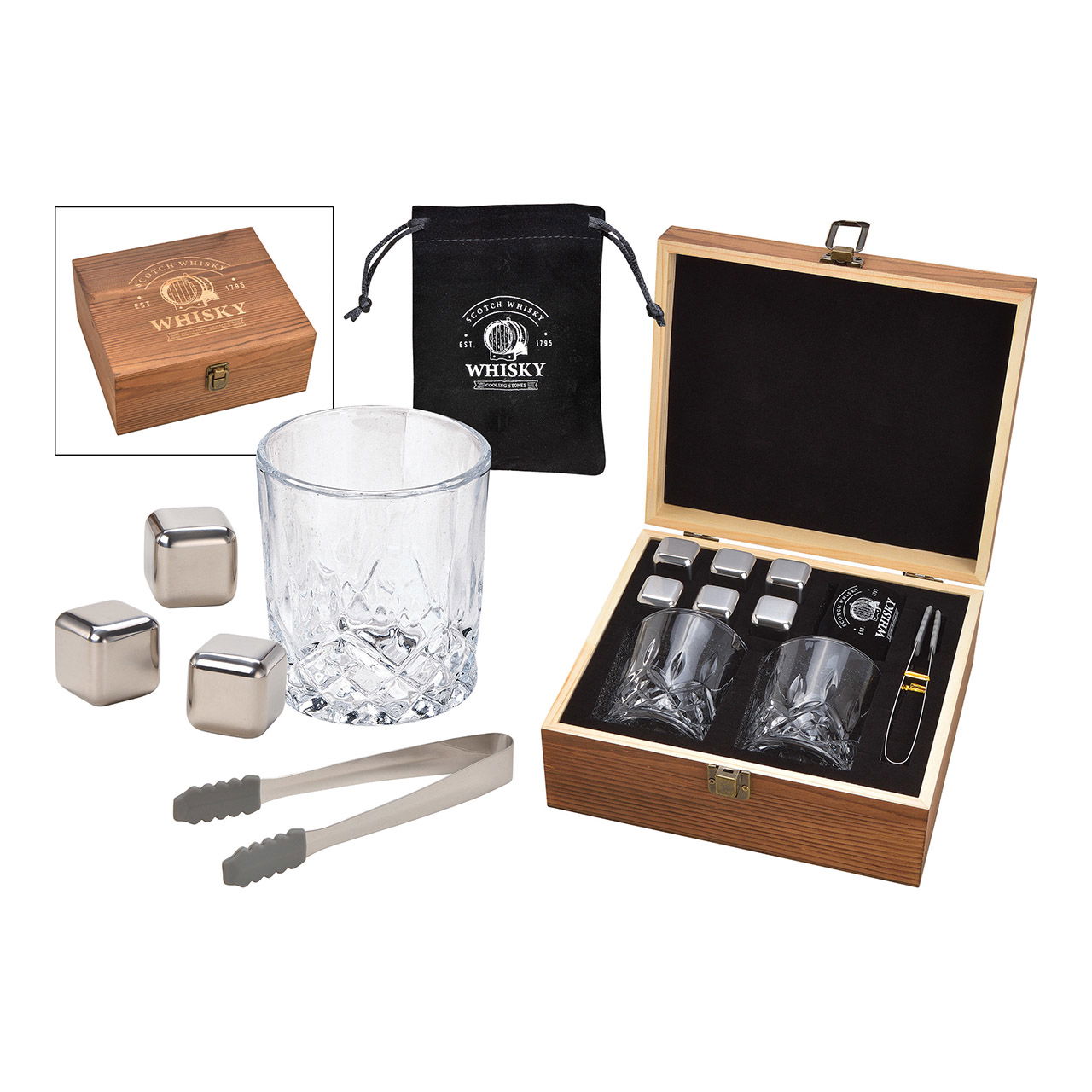 Whisky ijsblokjes set van roestvrij staal, 2,7cm, 6 blokjes met 2 glazen 9x8x9cm, 300ml, incl. tang + fluwelen zakje, in houten kist 23,9x10x21,7cm