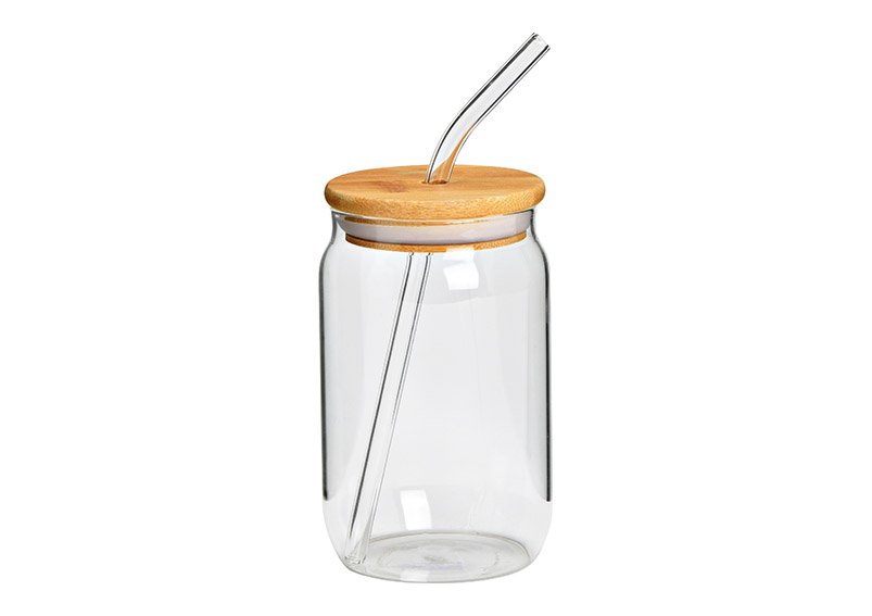 Drinking glass with bamboo lid and glass straw transparent (W/H/D) 7x12x7cm