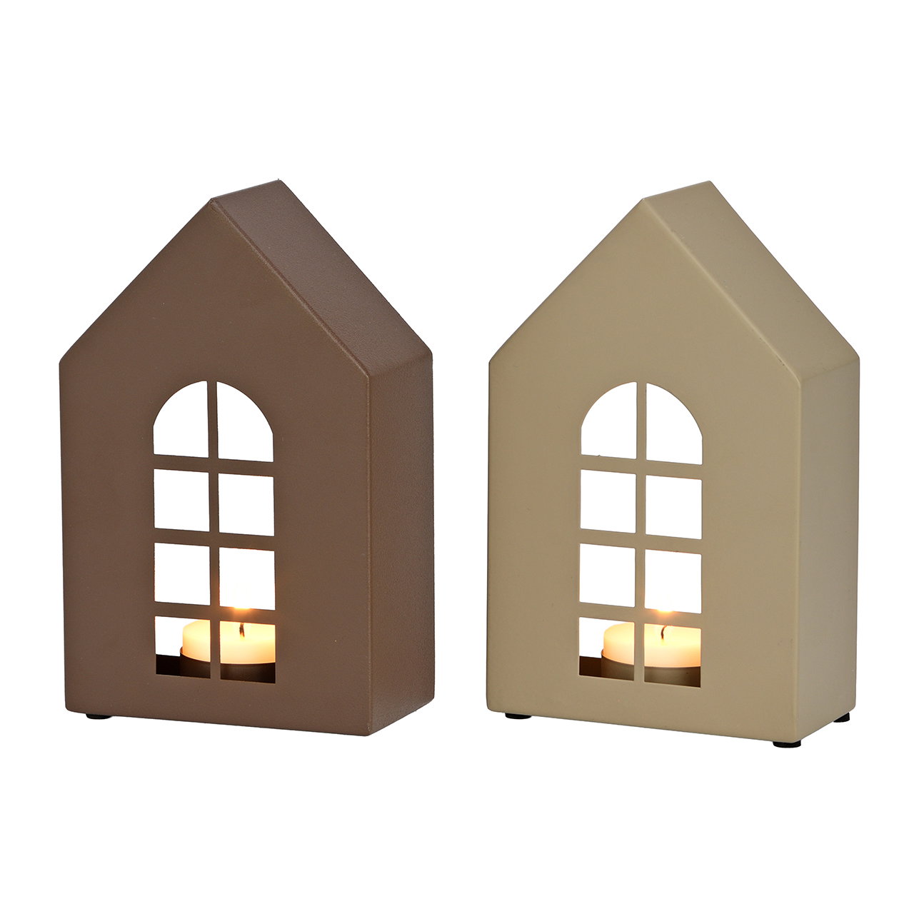 Teelichthalter Haus aus Metall Braun/Beige 2-fach sortiert (B/H/T) 10x16x5cm Teelichter, Laternen, Hausform, Fensterläden, Kerzenlicht